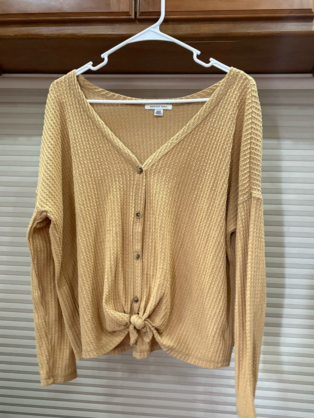 American Eagle Outfitters Mustard Waffle Knit Button-Front Tie Hem Top